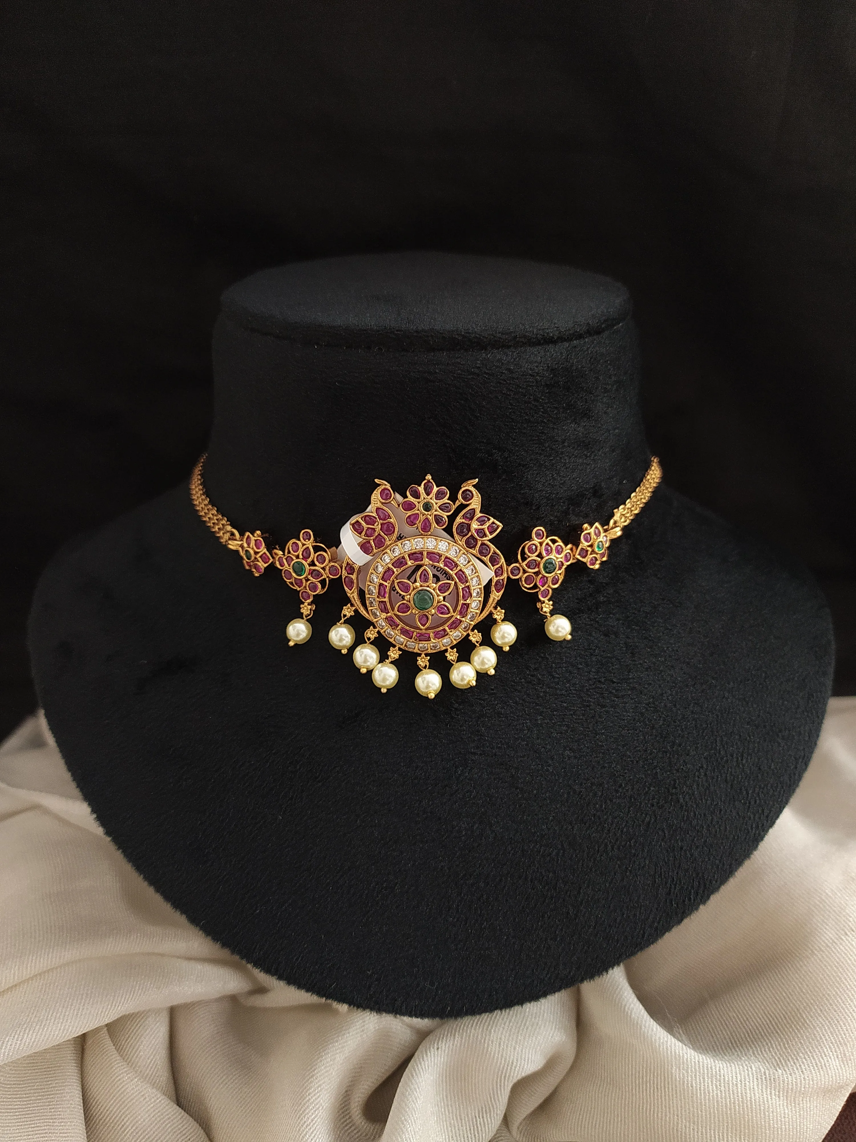 Antique Dual Peacock & Floral Choker Set with Pearl Drops