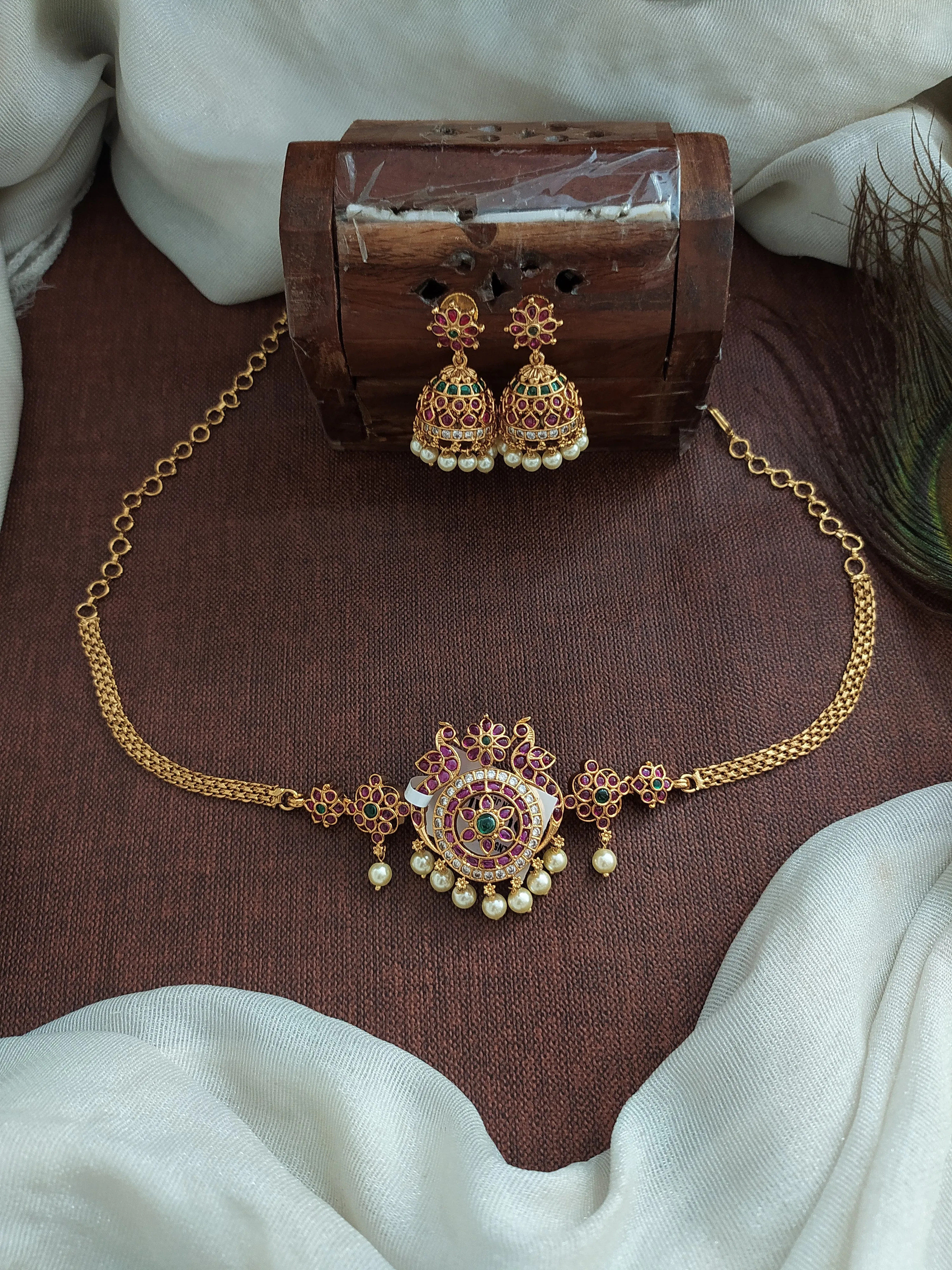 Antique Dual Peacock & Floral Choker Set with Pearl Drops