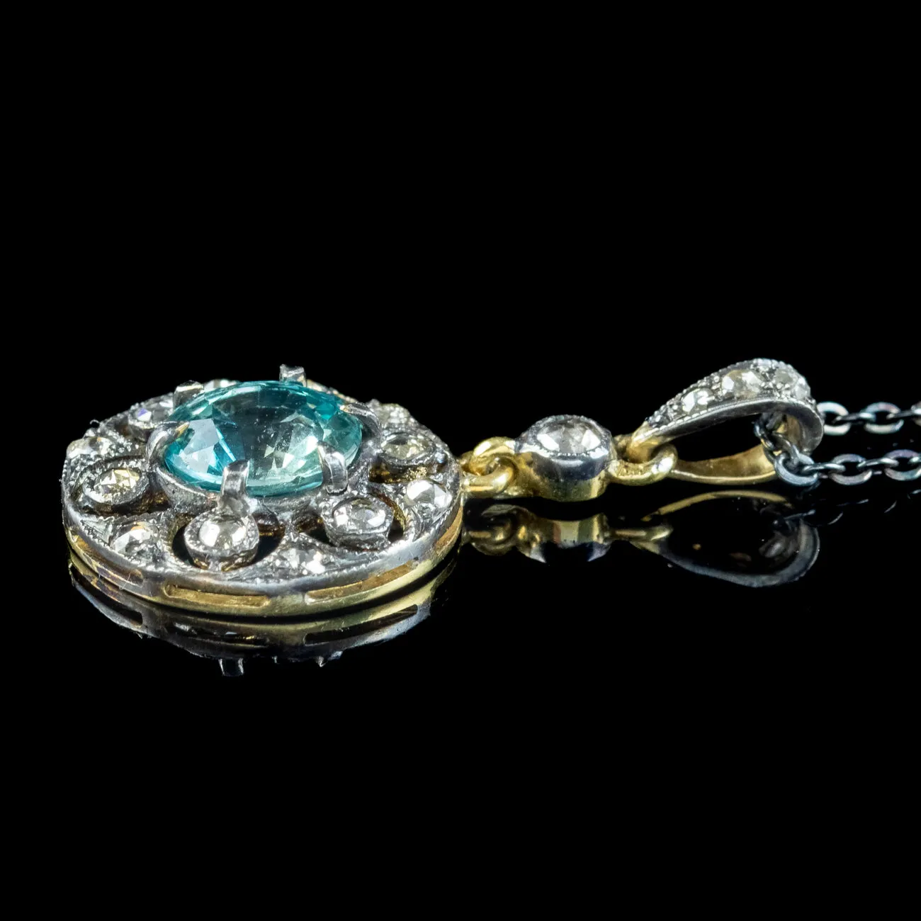 Antique Edwardian Blue Zircon Diamond Pendant Necklace