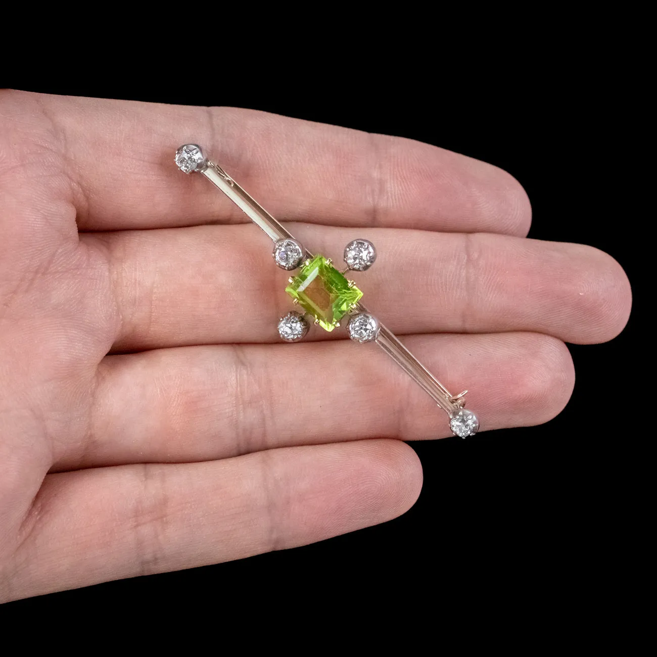 Antique Edwardian Peridot Diamond Bar Brooch 18ct Gold 3.5ct Peridot