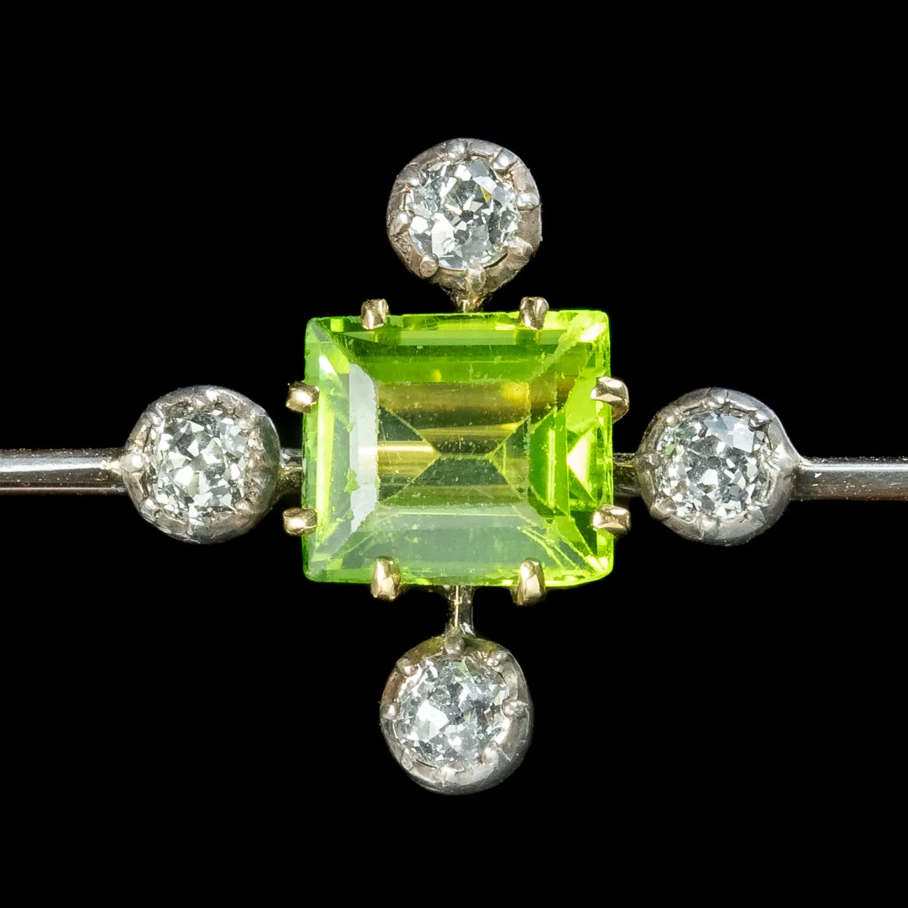 Antique Edwardian Peridot Diamond Bar Brooch 18ct Gold 3.5ct Peridot