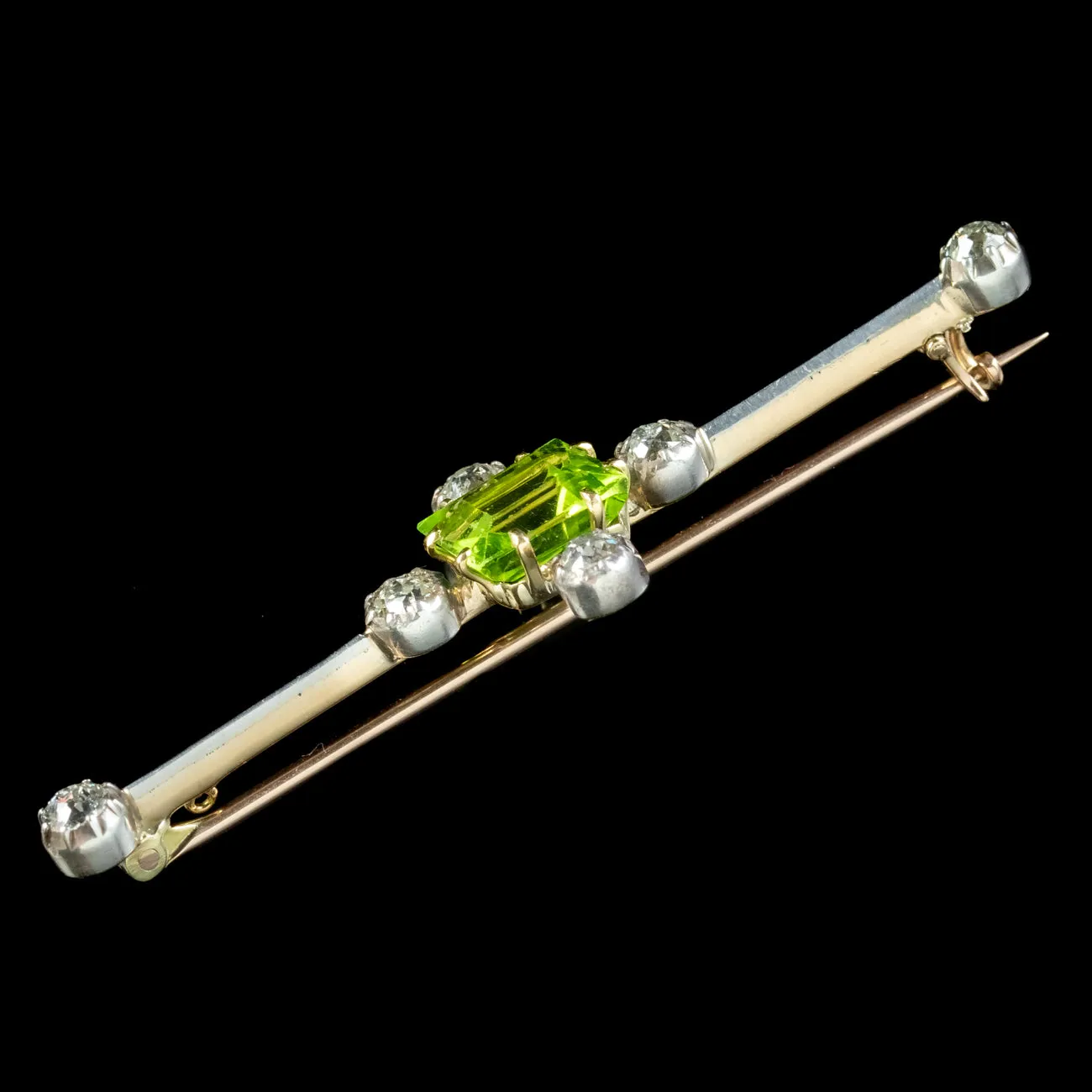 Antique Edwardian Peridot Diamond Bar Brooch 18ct Gold 3.5ct Peridot