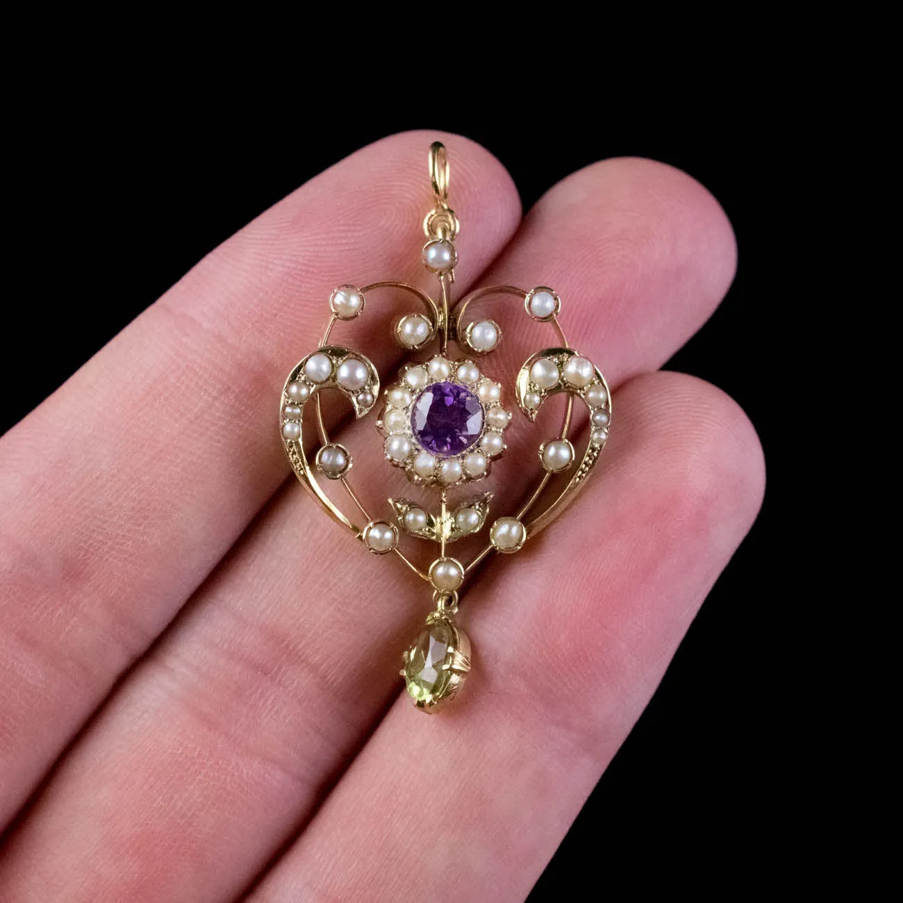 Antique Edwardian Suffragette Floral Pendant 18Ct Gold Amethyst Peridot Circa 1910