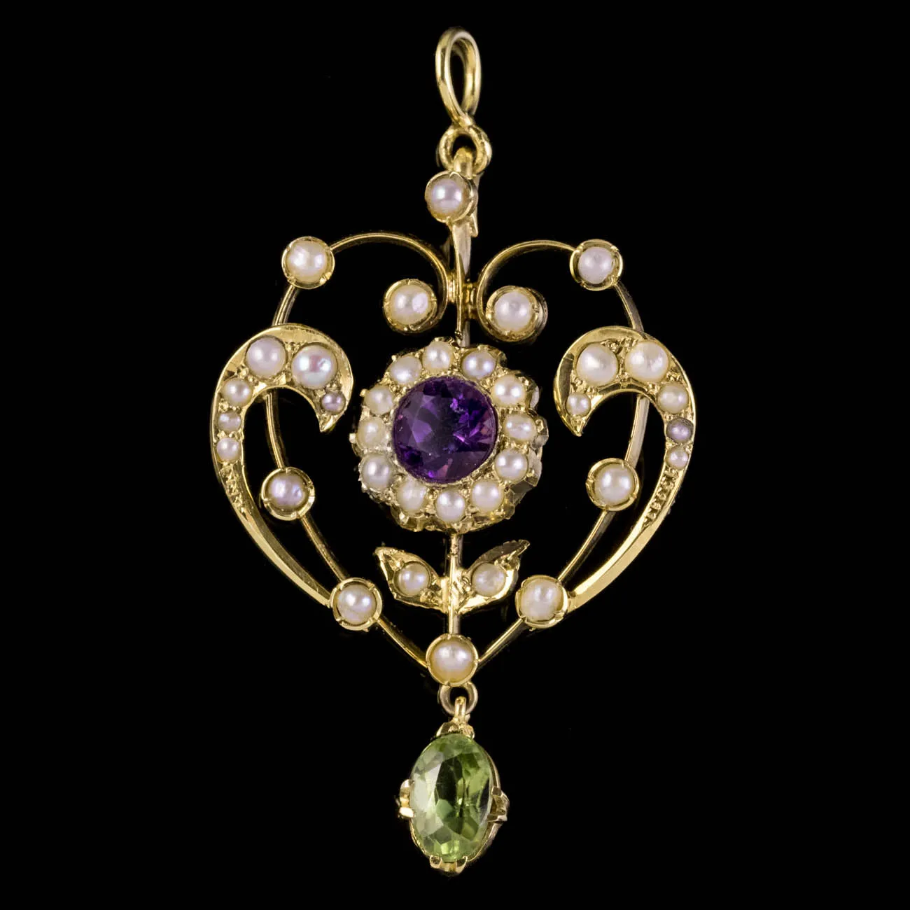 Antique Edwardian Suffragette Floral Pendant 18Ct Gold Amethyst Peridot Circa 1910