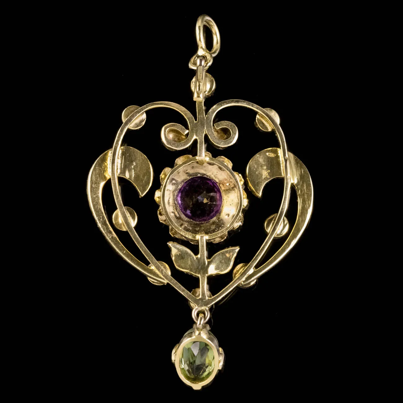 Antique Edwardian Suffragette Floral Pendant 18Ct Gold Amethyst Peridot Circa 1910