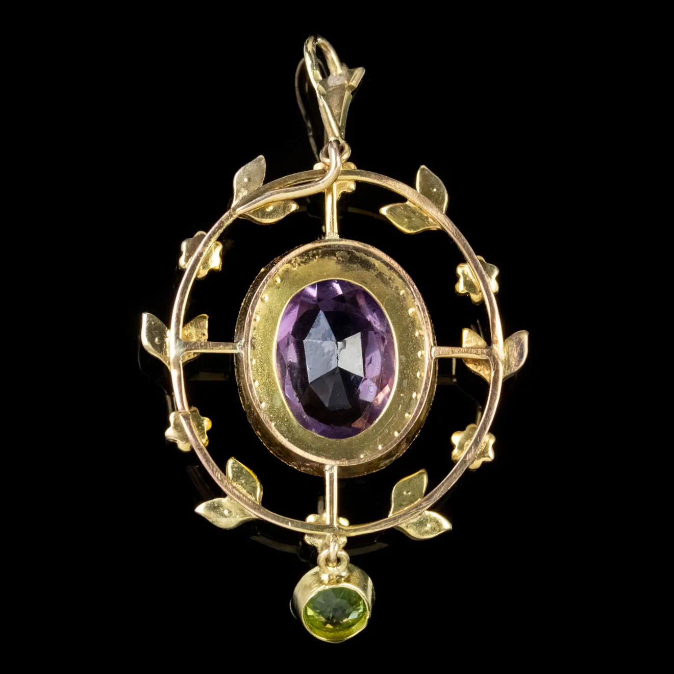 Antique Edwardian Suffragette Floral Pendant Amethyst 18Ct Gold Circa 1910