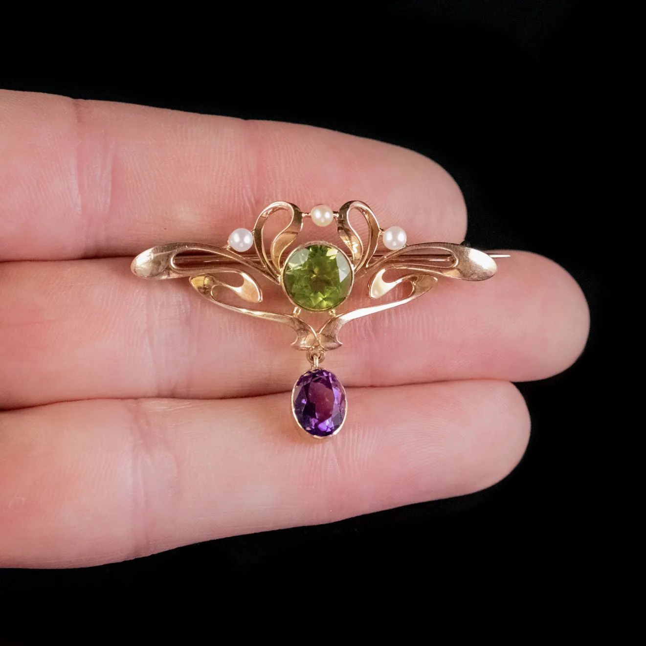 Antique Edwardian Suffragette Peridot Amethyst Brooch 15ct Gold Circa 1910