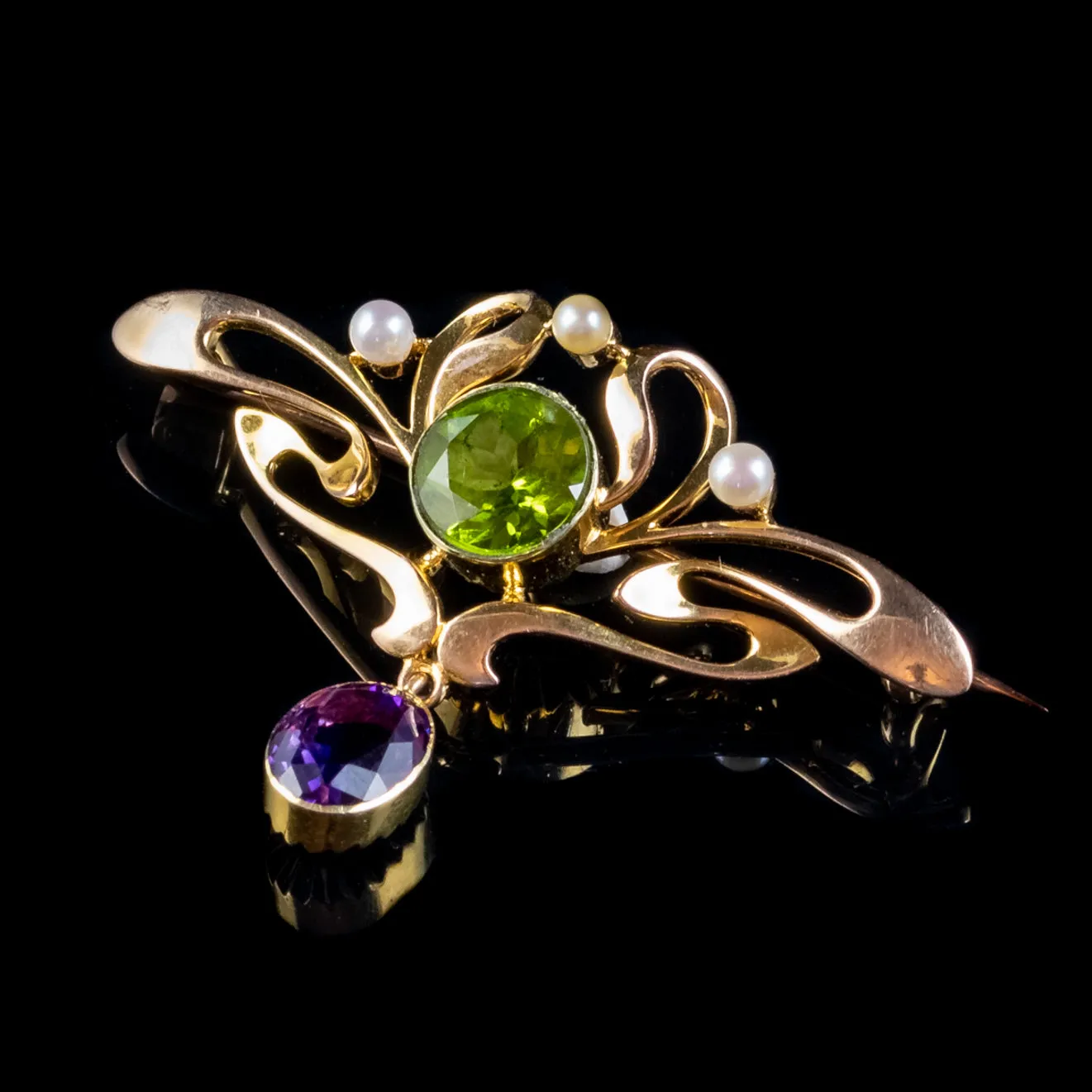 Antique Edwardian Suffragette Peridot Amethyst Brooch 15ct Gold Circa 1910