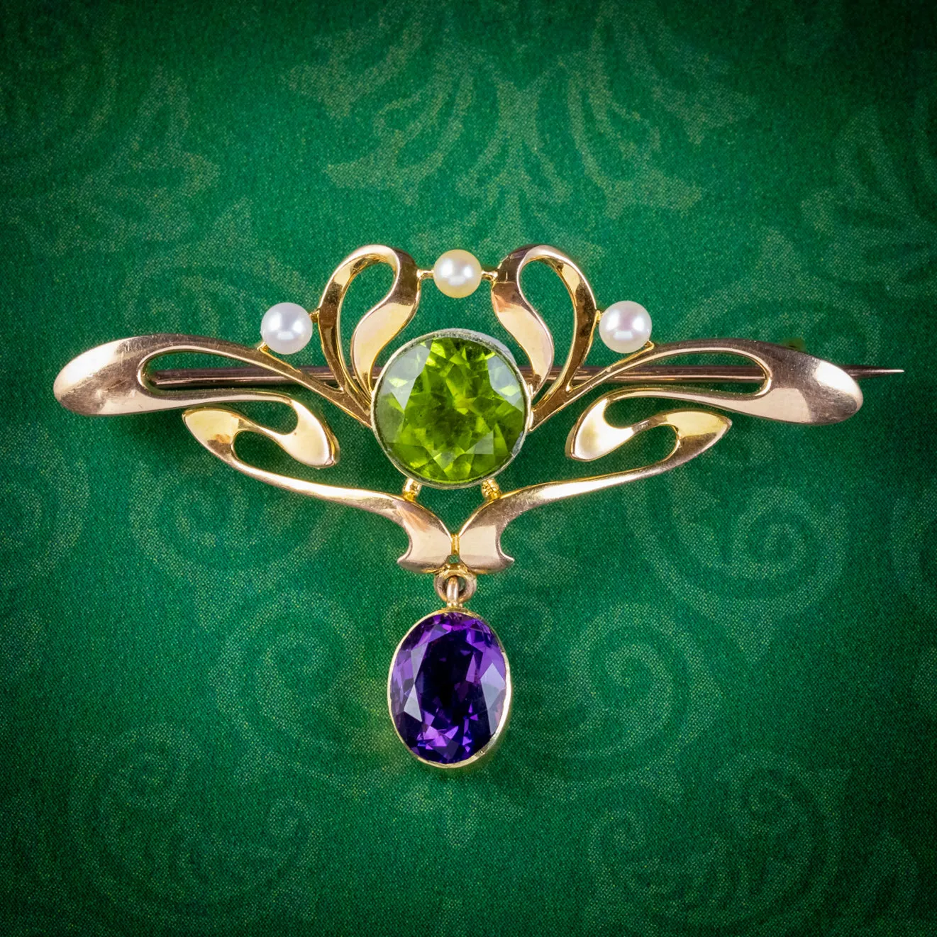 Antique Edwardian Suffragette Peridot Amethyst Brooch 15ct Gold Circa 1910