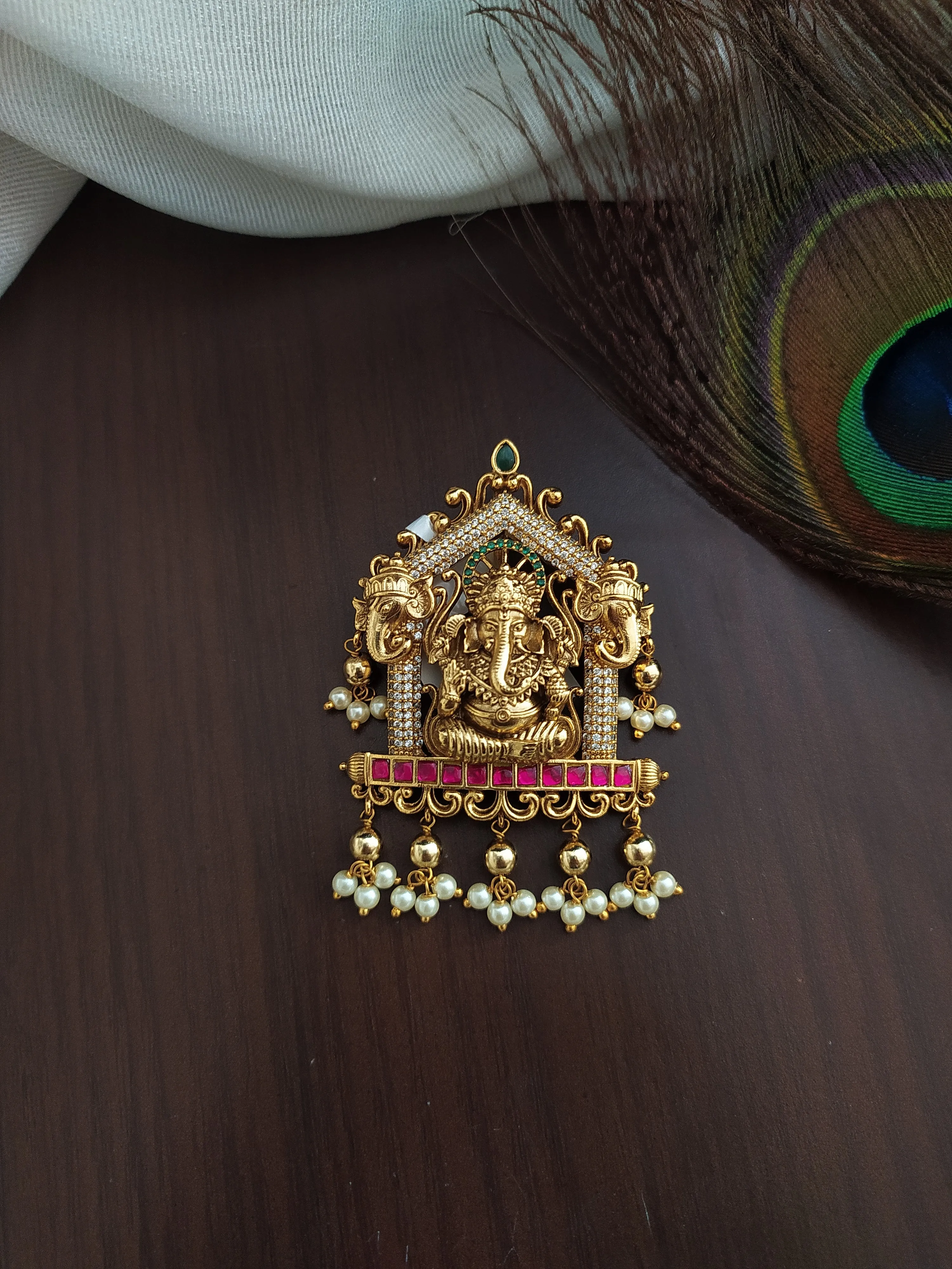 Antique Ganesha Pendant with Earrings, Crafted with Nagas Work, Zircon, and Kundan Stones ~ White, and Red