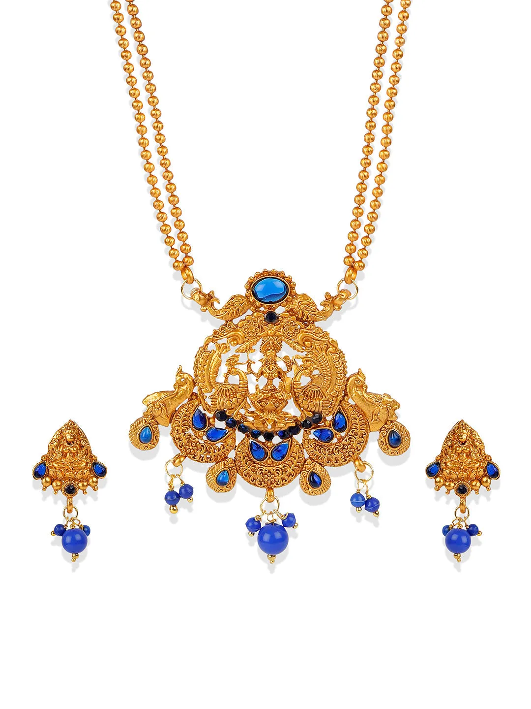 Antique Matte Gold Finish Blue Stone Studded Temple Jewellery Set - Anikas Creation