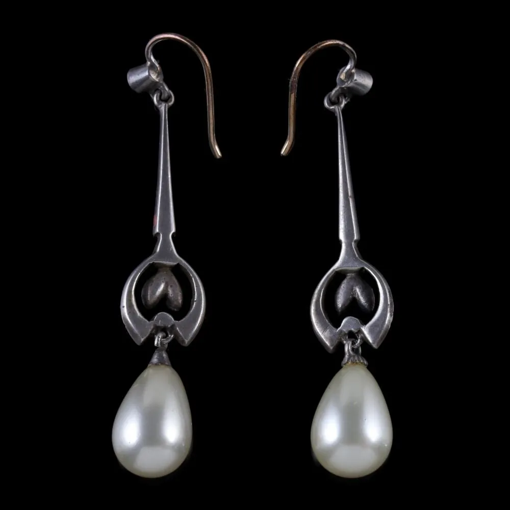 Antique Victorian Pearl Drop Earrings Silver Paste Circa 1900