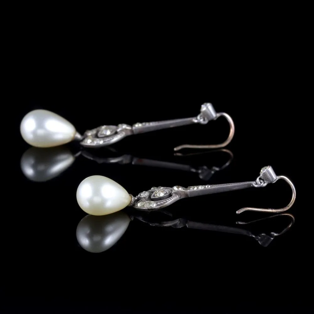 Antique Victorian Pearl Drop Earrings Silver Paste Circa 1900