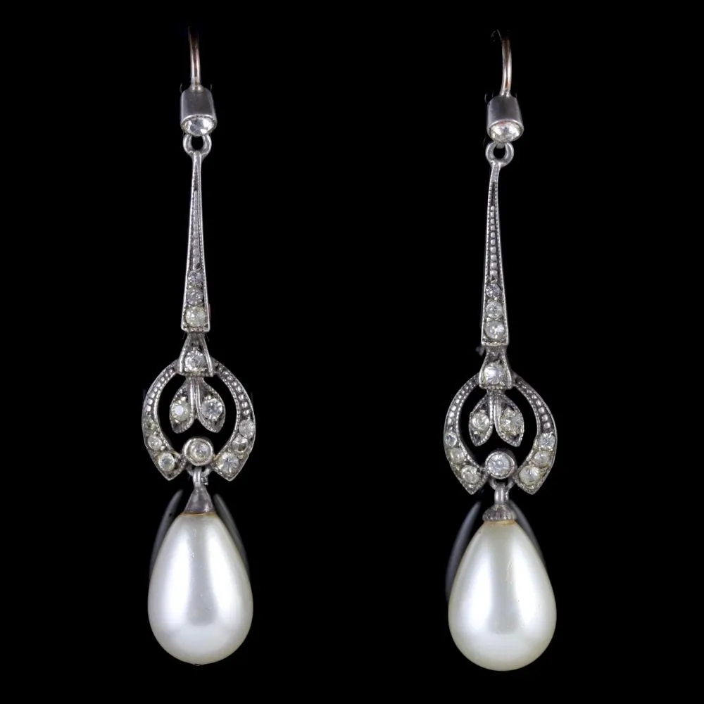 Antique Victorian Pearl Drop Earrings Silver Paste Circa 1900