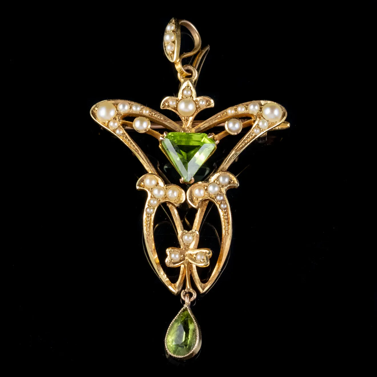 Antique Victorian Peridot Pearl Pendant Brooch 15ct Gold Circa 1900