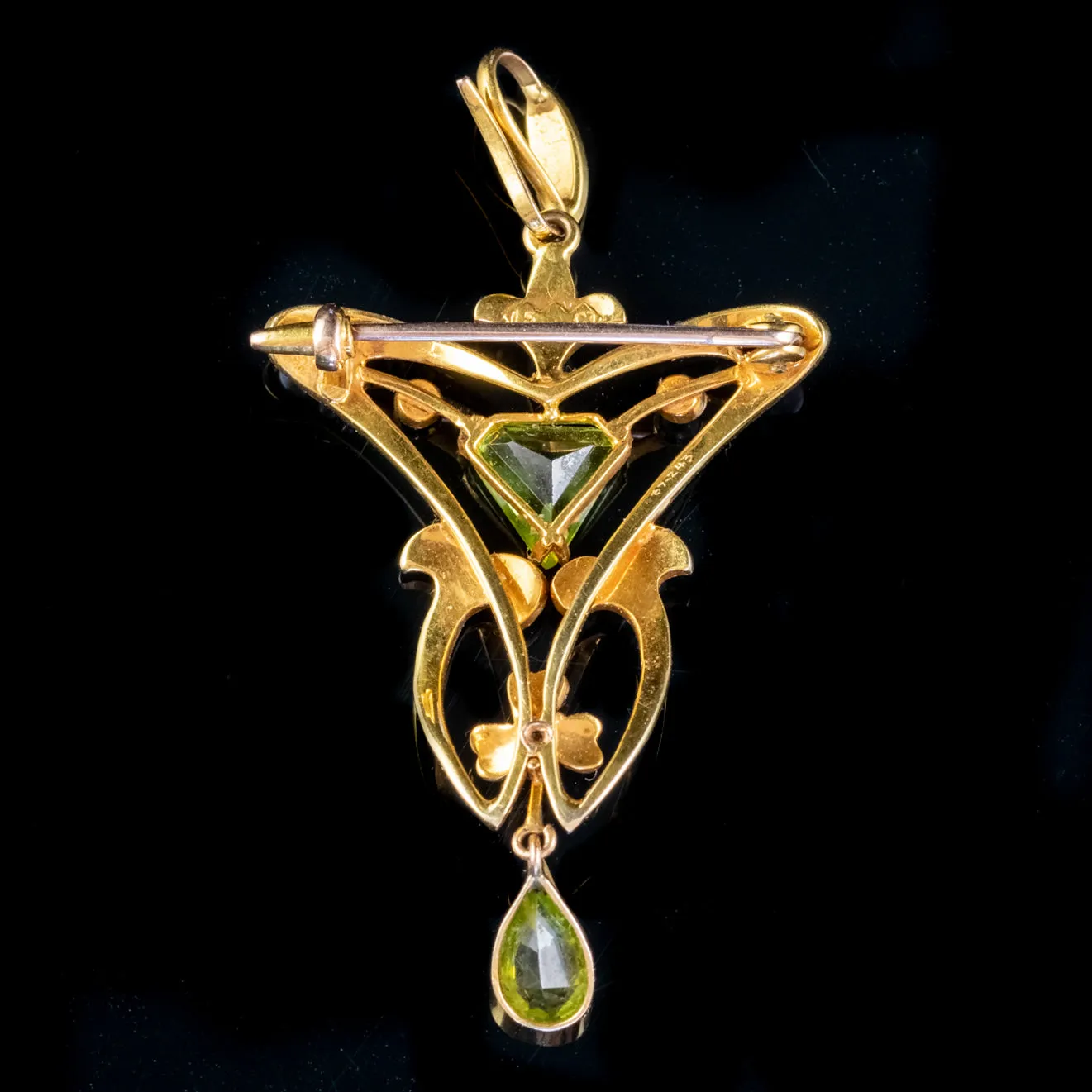 Antique Victorian Peridot Pearl Pendant Brooch 15ct Gold Circa 1900