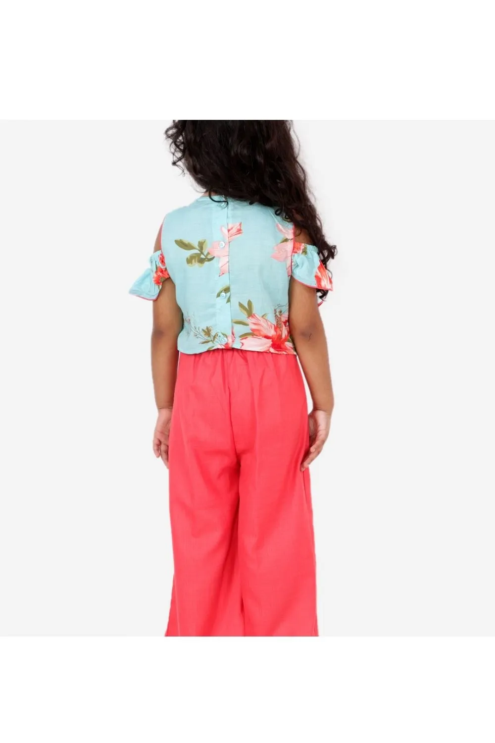 Aqua Blue & Coral Floral Printed Ruffle Top & Palazzo Set