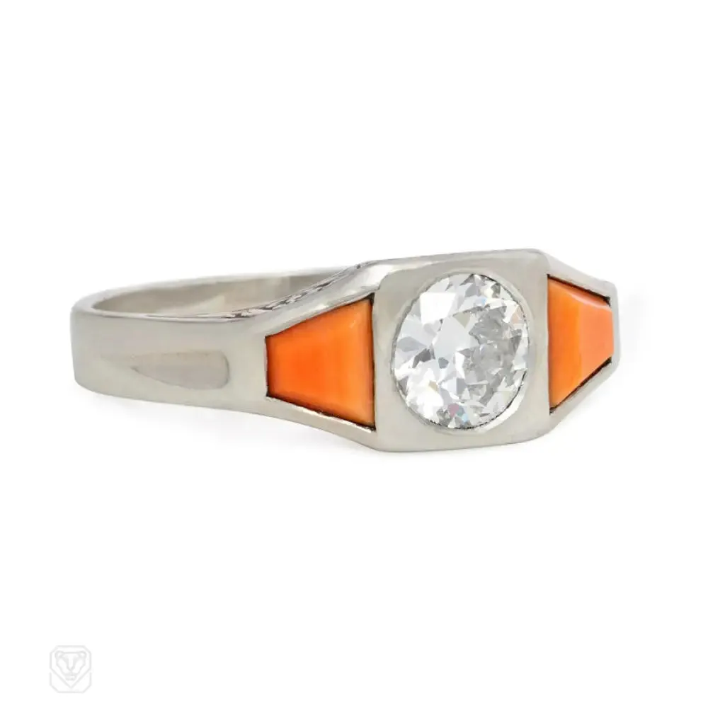 Art Deco coral and diamond ring, France