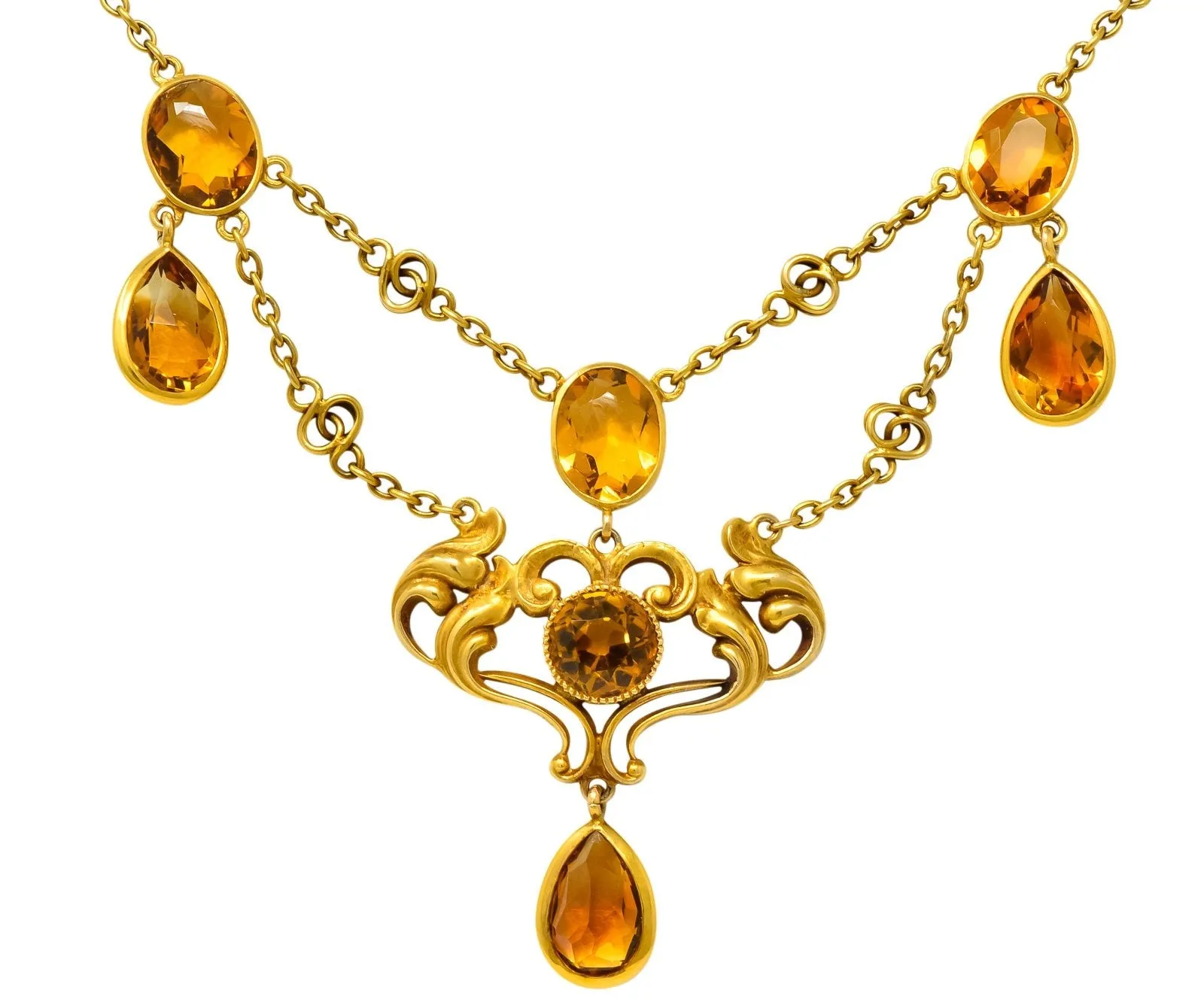 Art Nouveau 11.50 CTW Citrine 14 Karat Gold Swag Necklace