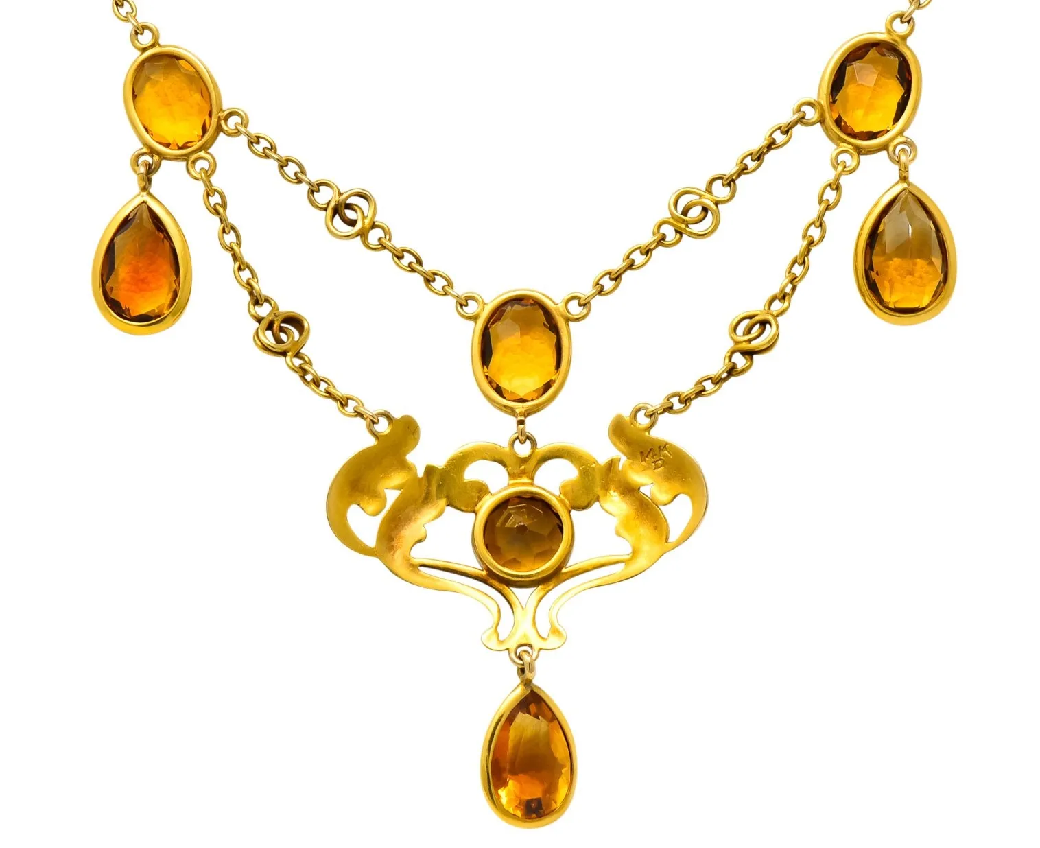 Art Nouveau 11.50 CTW Citrine 14 Karat Gold Swag Necklace