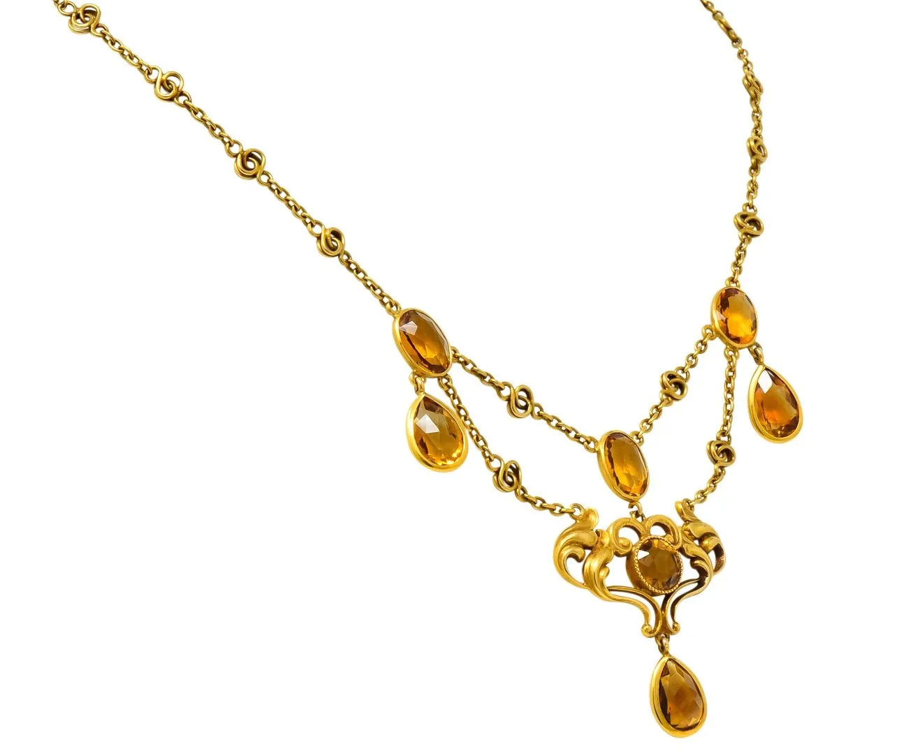 Art Nouveau 11.50 CTW Citrine 14 Karat Gold Swag Necklace