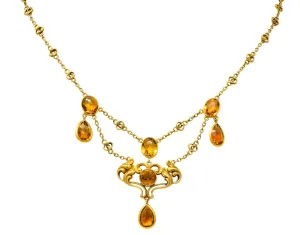 Art Nouveau 11.50 CTW Citrine 14 Karat Gold Swag Necklace