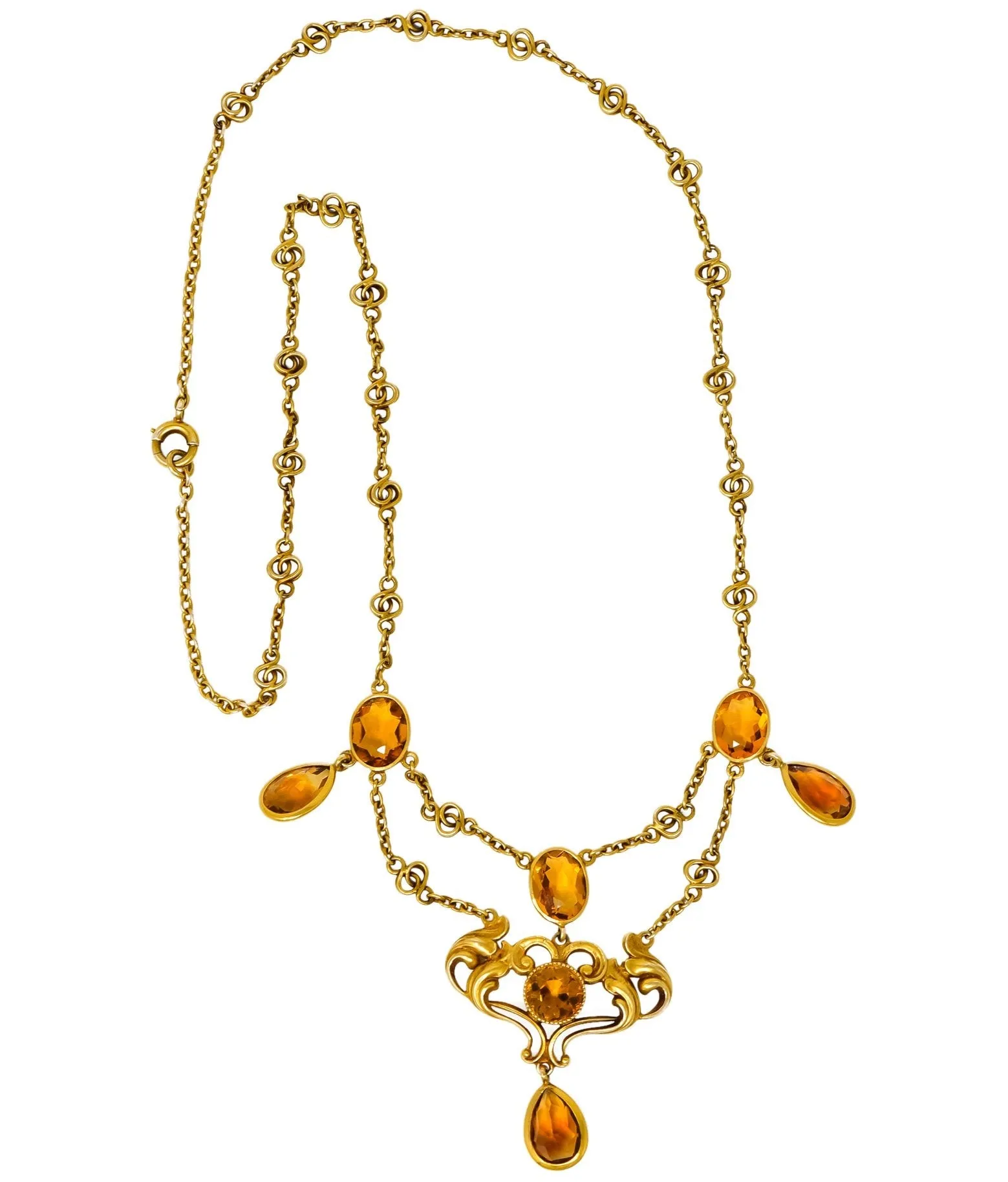 Art Nouveau 11.50 CTW Citrine 14 Karat Gold Swag Necklace