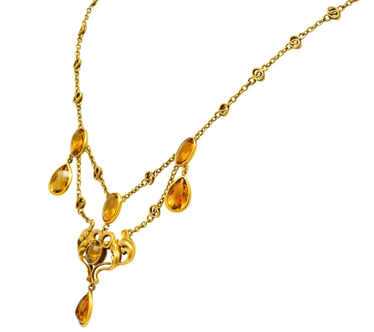 Art Nouveau 11.50 CTW Citrine 14 Karat Gold Swag Necklace