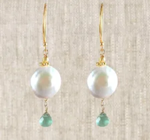 AVF Gold White Coin Pearl & Green Quartz Earrings (SI6766)