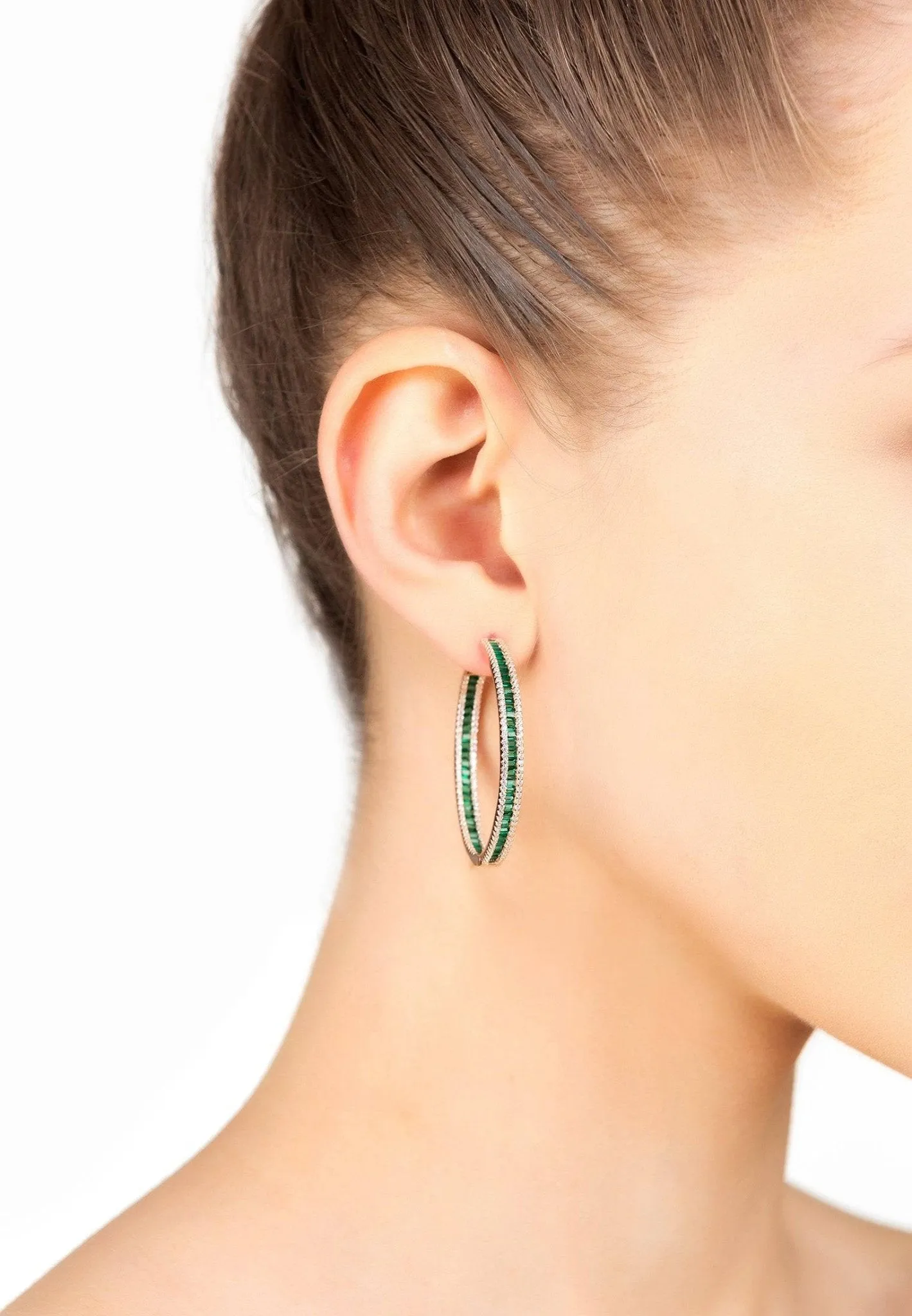 Baguette Large Hoop Large Earrings Rosegold Emerald Green