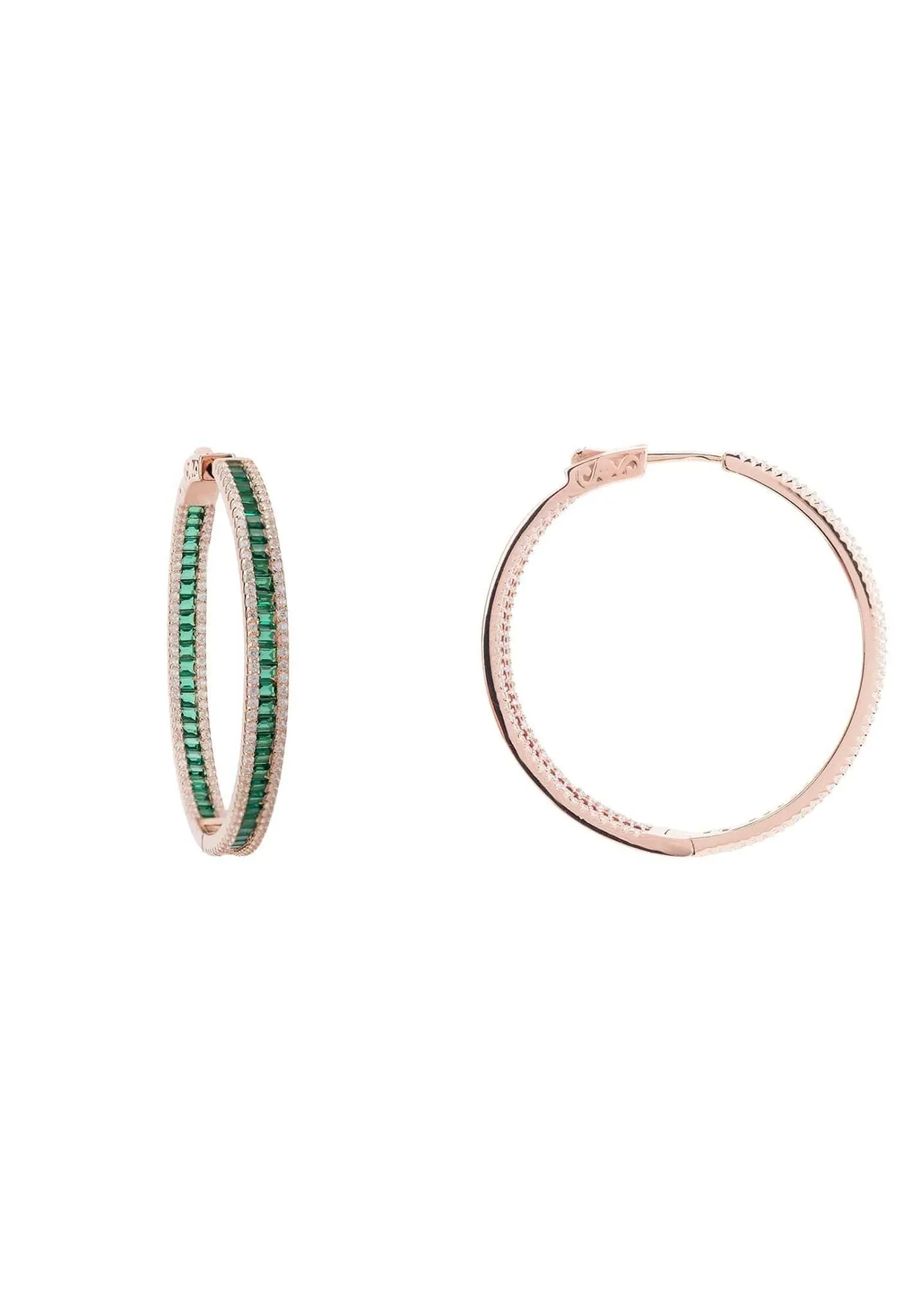 Baguette Large Hoop Large Earrings Rosegold Emerald Green