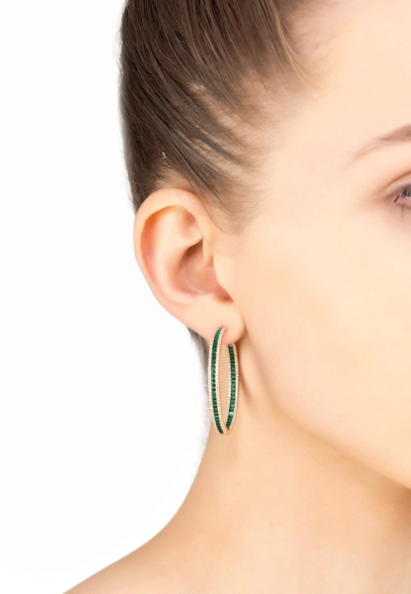 Baguette Large Hoop Large Earrings Rosegold Emerald Green