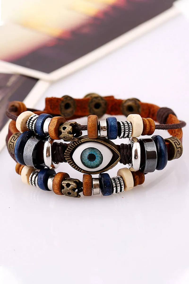 BEADED EYES BUCKLE LEATHER BRACELET