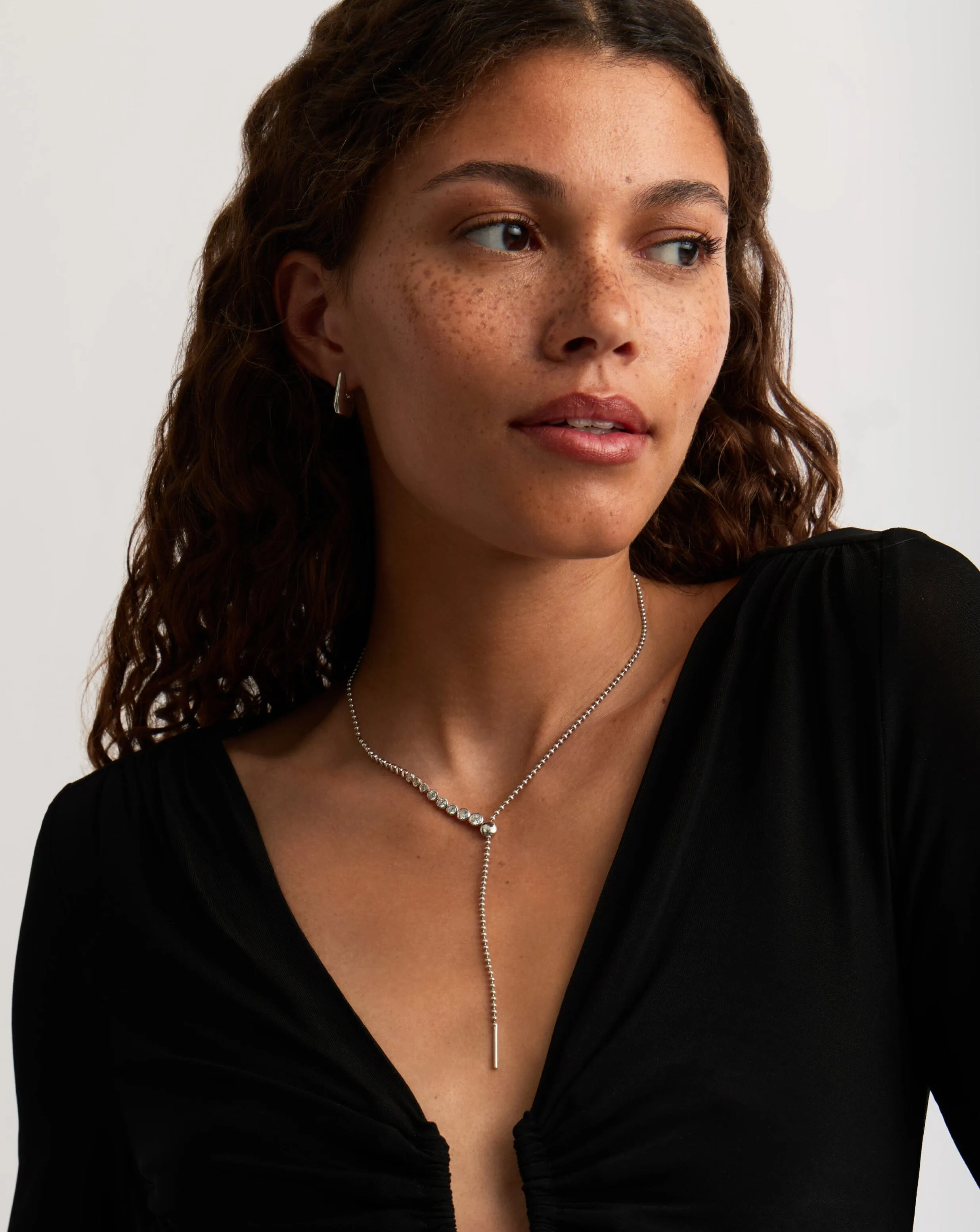 Beaded Stone Slider Lariat Necklace| Sterling Silver Cubic Zirconia