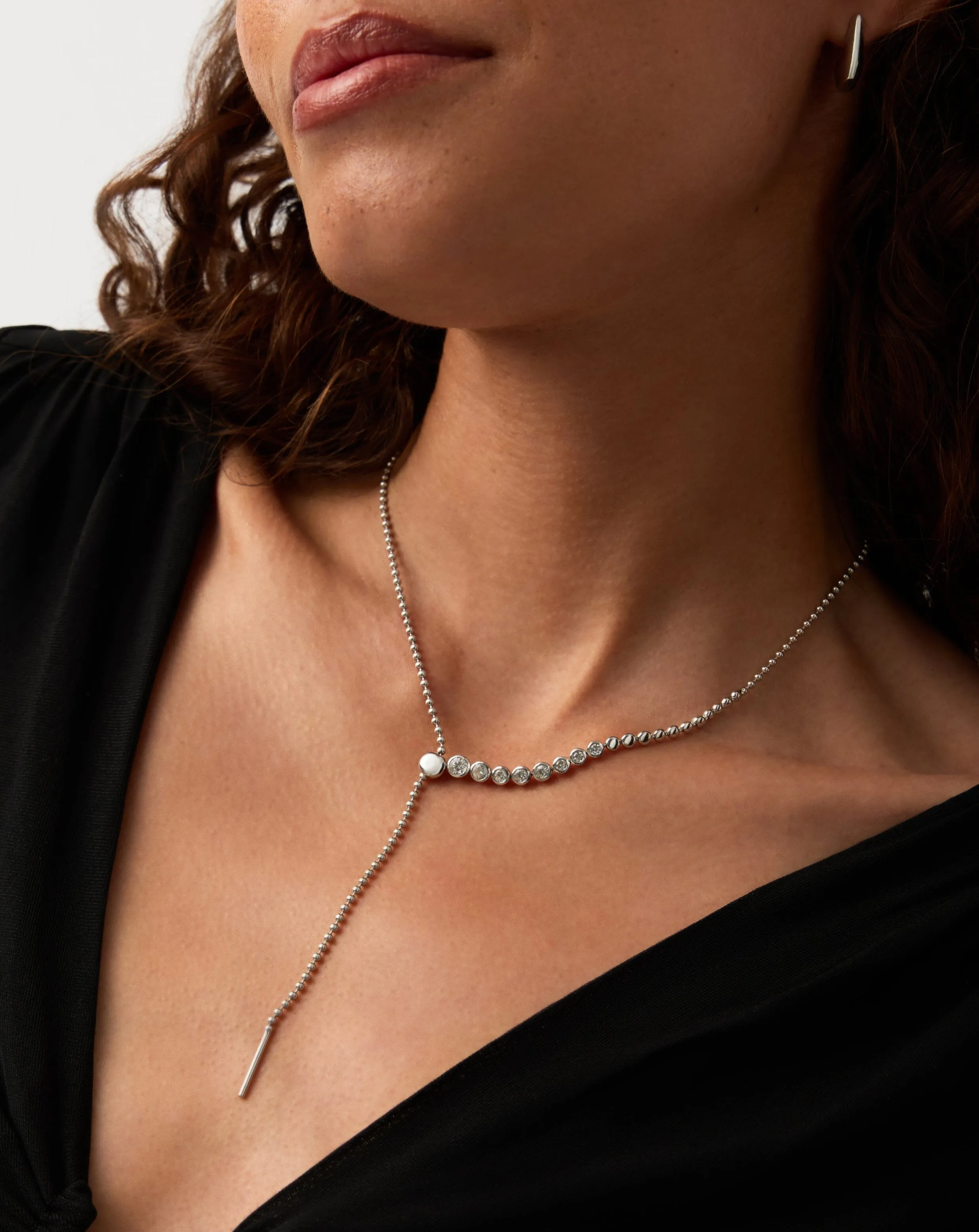 Beaded Stone Slider Lariat Necklace| Sterling Silver Cubic Zirconia