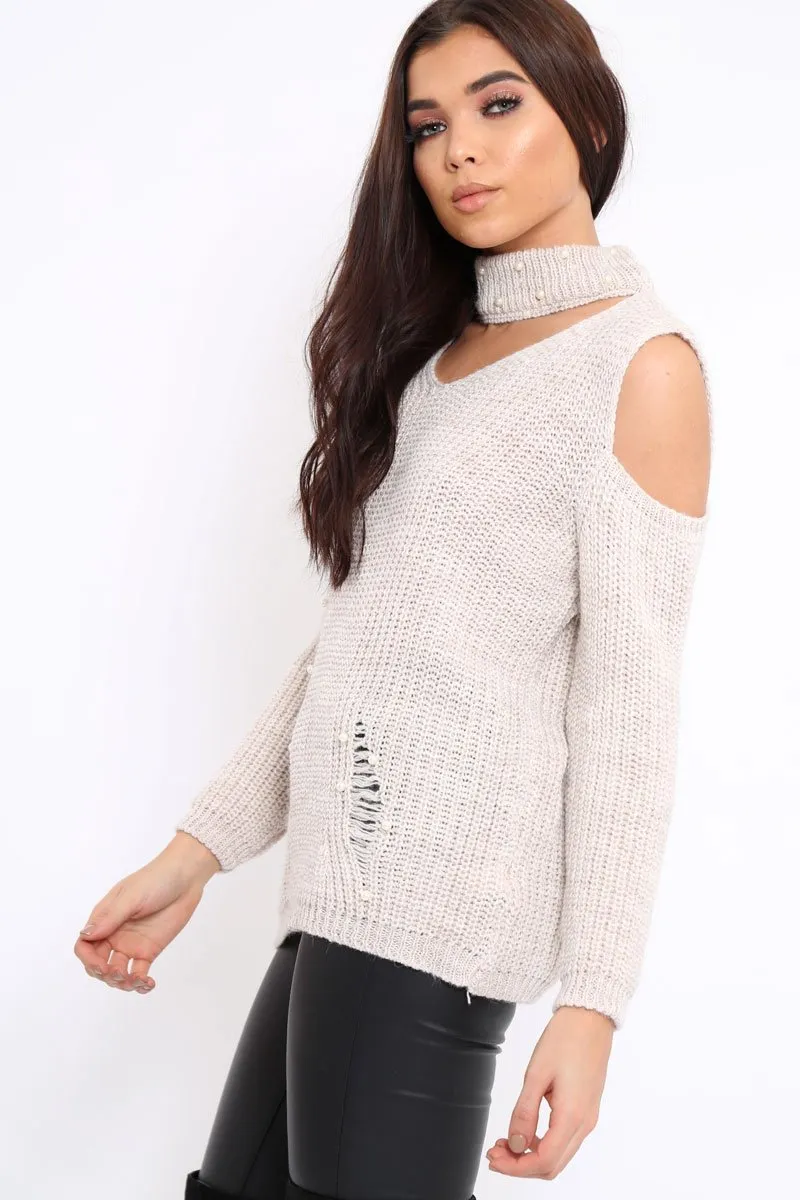 Beige Distressed Pearl Chunky Knit Jumper - Narla