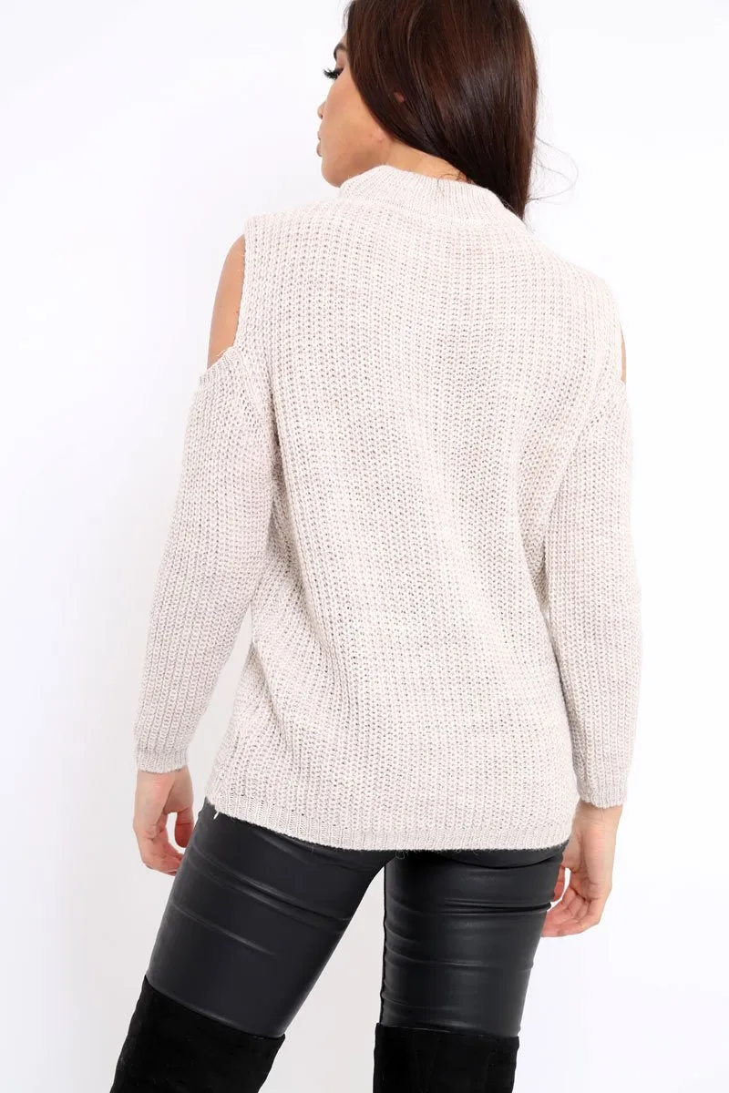 Beige Distressed Pearl Chunky Knit Jumper - Narla