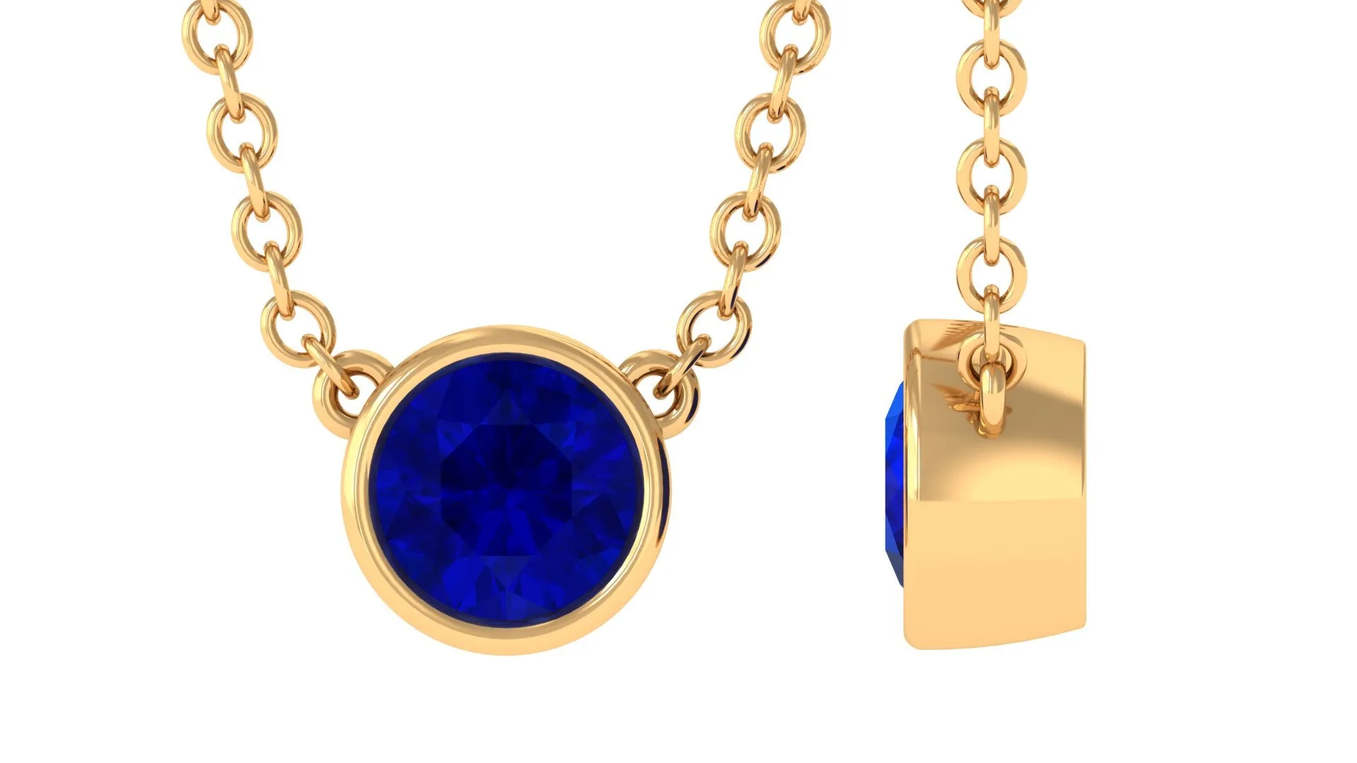 Bezel Set Round Created Blue Sapphire Solitaire Necklace