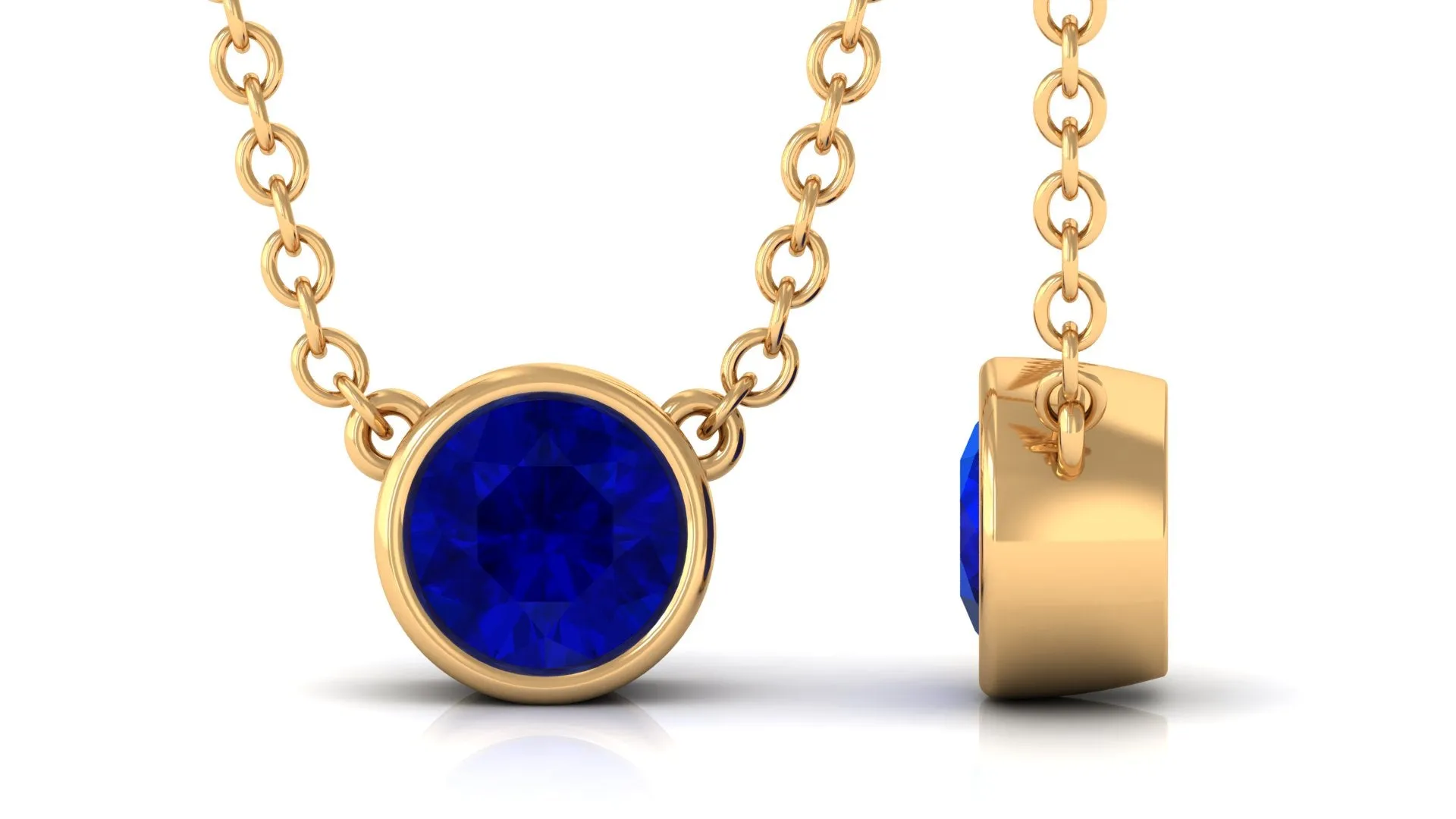 Bezel Set Round Created Blue Sapphire Solitaire Necklace