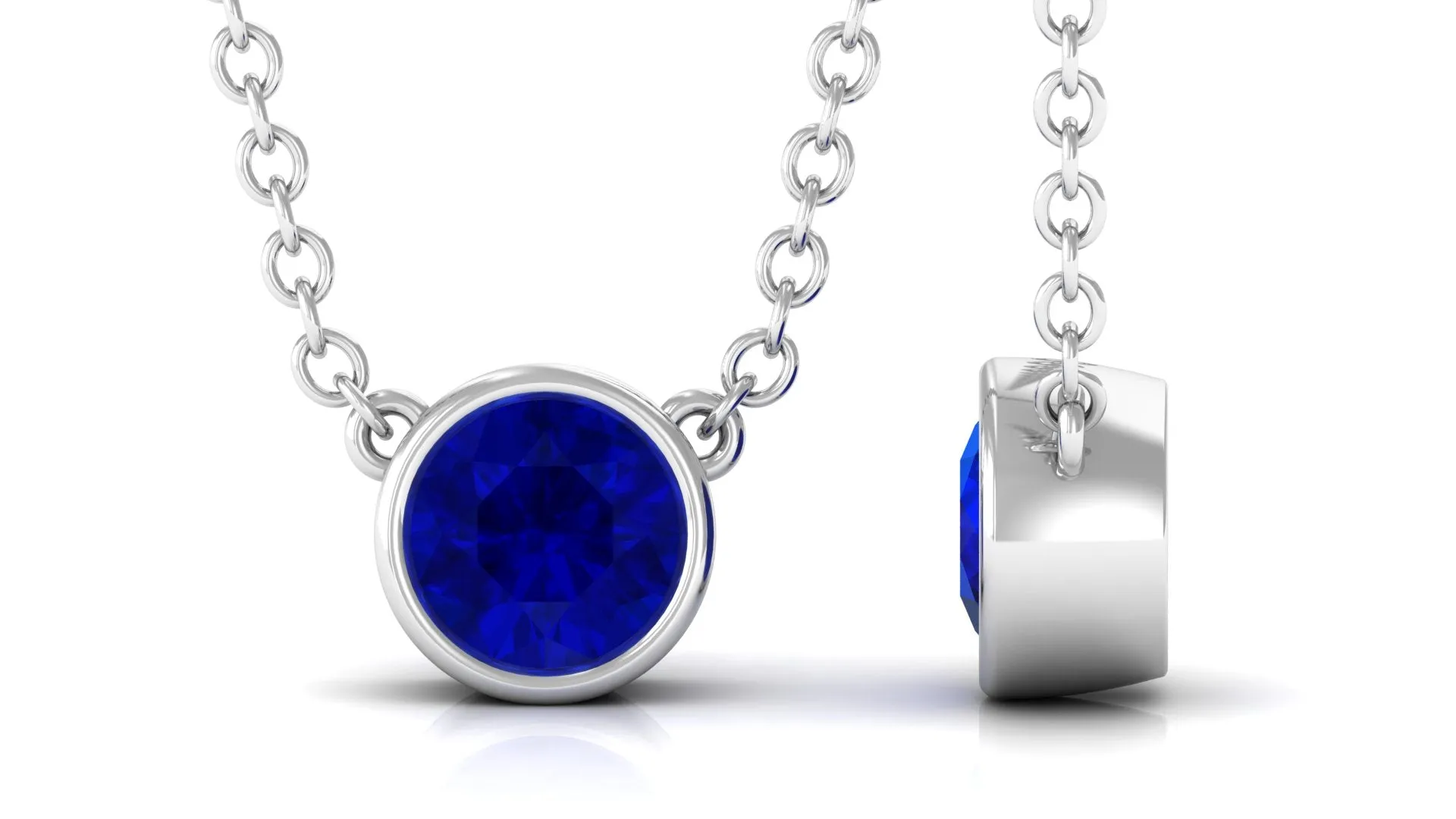 Bezel Set Round Created Blue Sapphire Solitaire Necklace