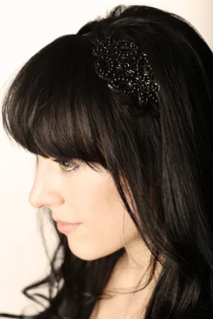 Black Beaded Applique Headband - Hair Accessory