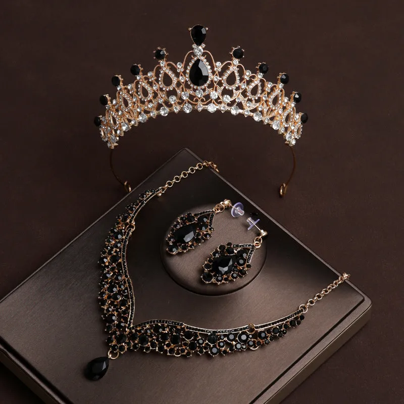 Black elegant bridal necklace and earrings set wedding crown three-piece set wedding accessorie