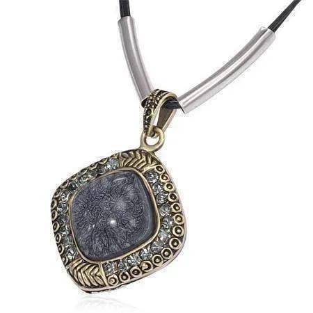 Black Labradorite Cabochon Gemstone & CZ Pendant Leather Necklace