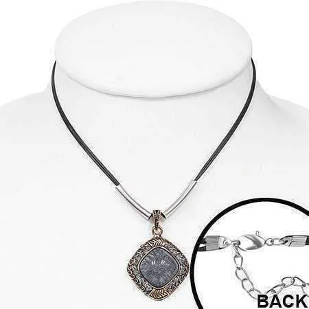 Black Labradorite Cabochon Gemstone & CZ Pendant Leather Necklace