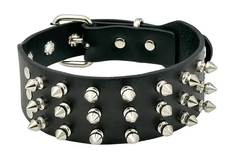 Black Leather Collar w/ 3 Rows of Short Silver Spikes