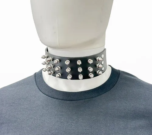 Black Leather Collar w/ 3 Rows of Short Silver Spikes