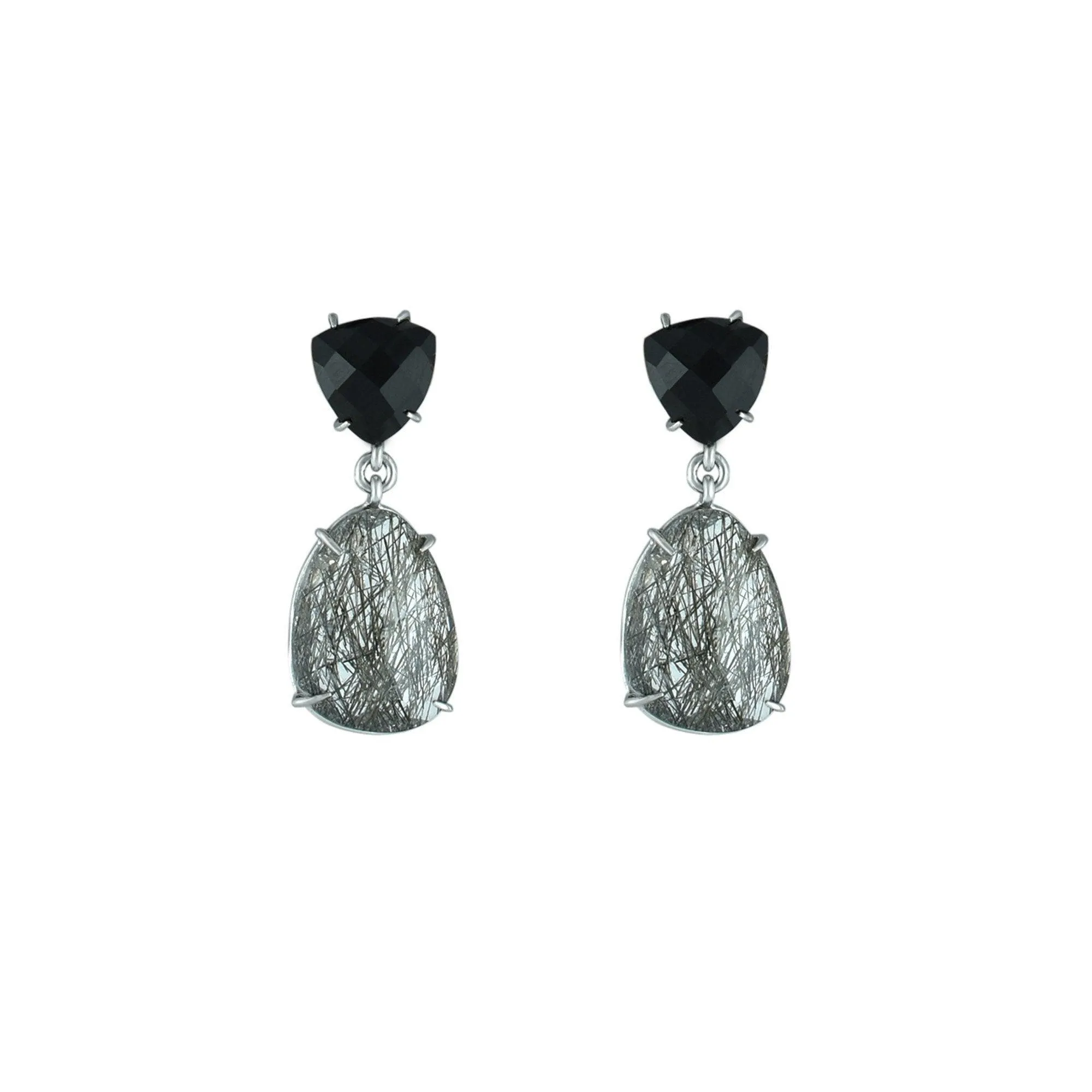 Black Onyx and Black Rutilated Quartz Earrings in Silver