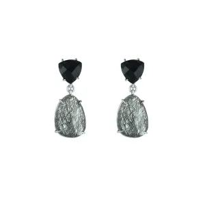 Black Onyx and Black Rutilated Quartz Earrings in Silver