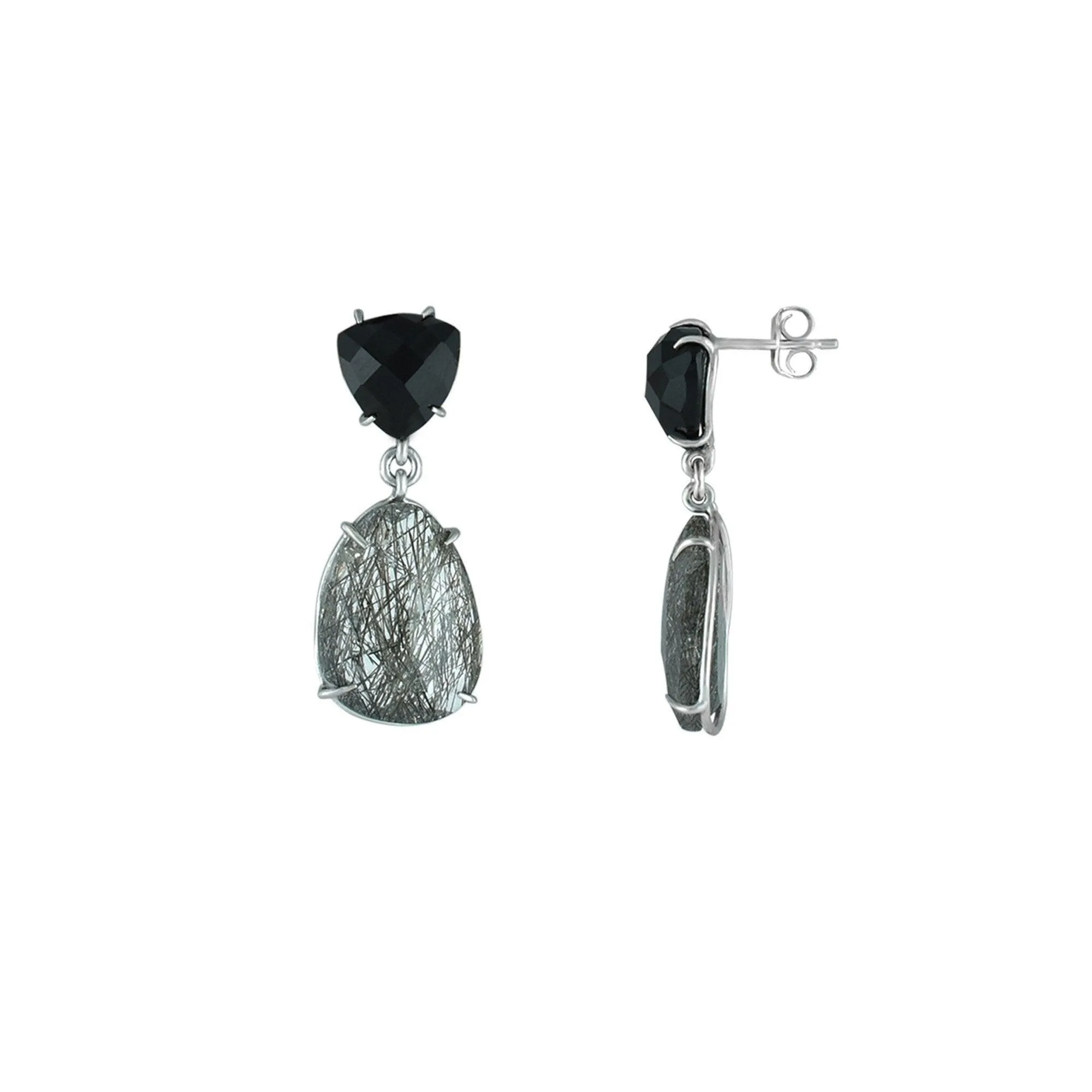 Black Onyx and Black Rutilated Quartz Earrings in Silver