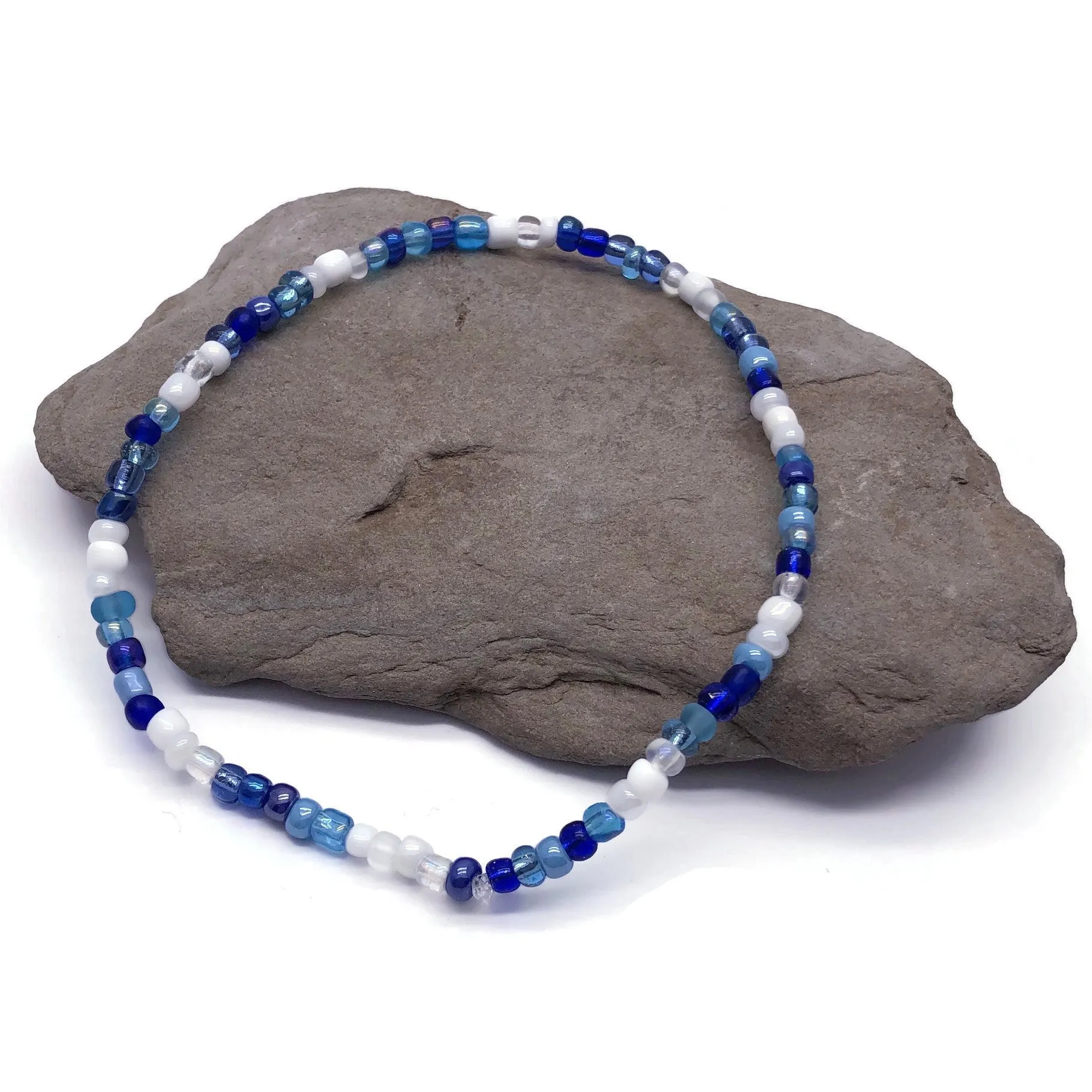 Blue and White Glass Seed Bead Anklet